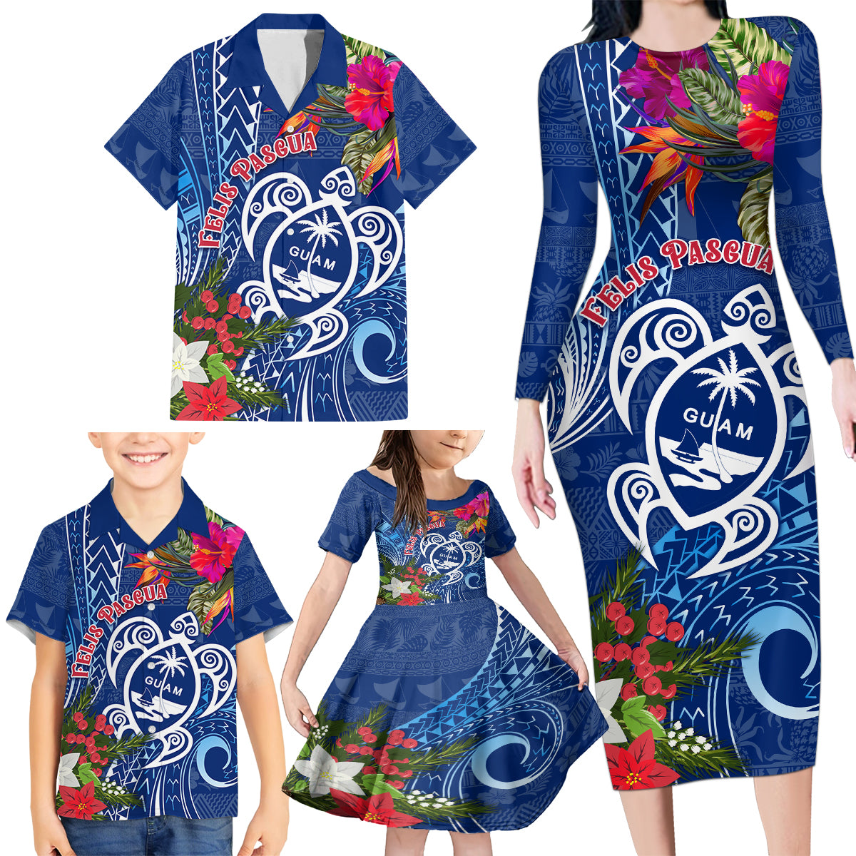 Guam Christmas Family Matching Long Sleeve Bodycon Dress and Hawaiian Shirt Turtle Mix Tapa Felis Pasgua LT7 - Polynesian Pride