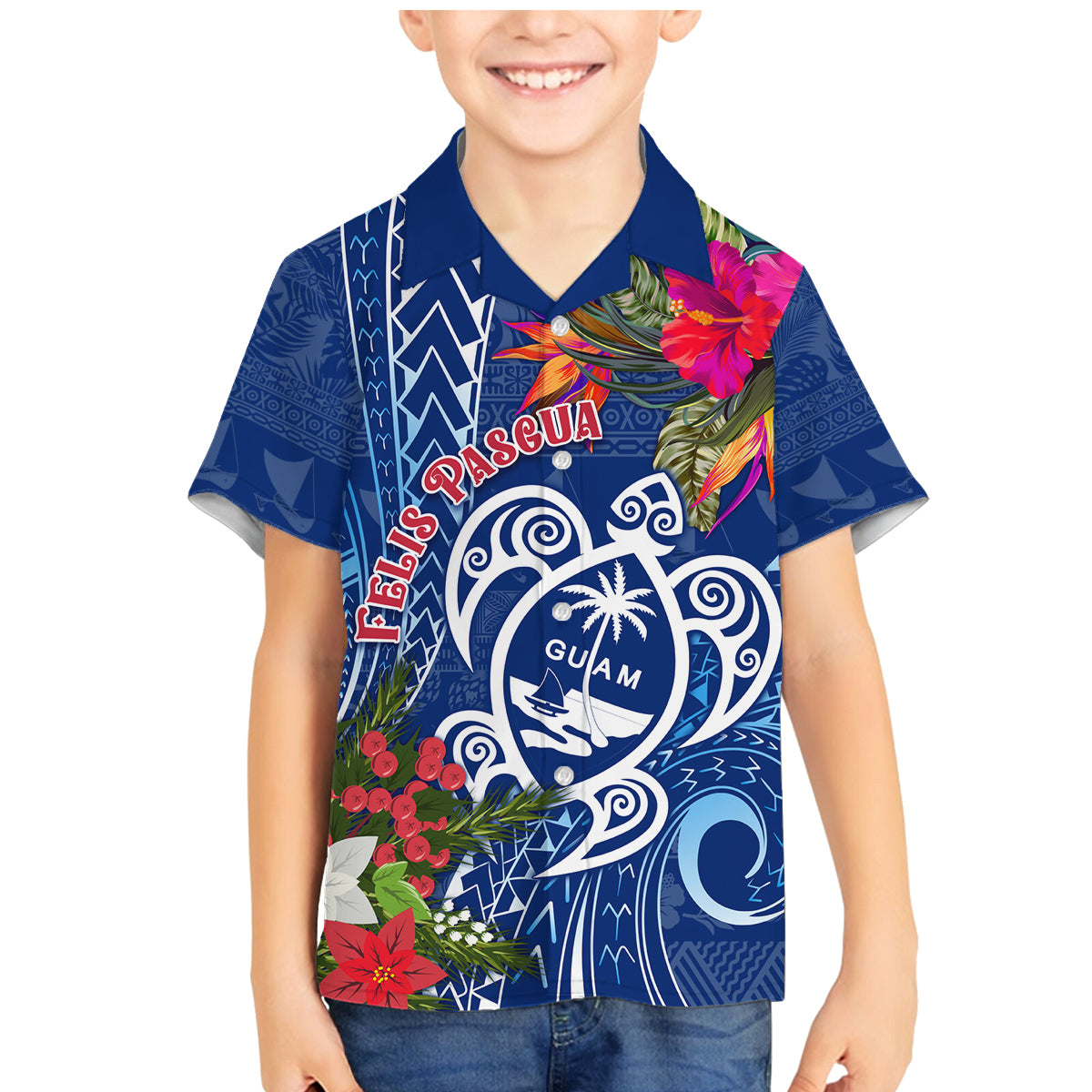 Guam Christmas Family Matching Mermaid Dress and Hawaiian Shirt Turtle Mix Tapa Felis Pasgua LT7 Son's Shirt Blue - Polynesian Pride