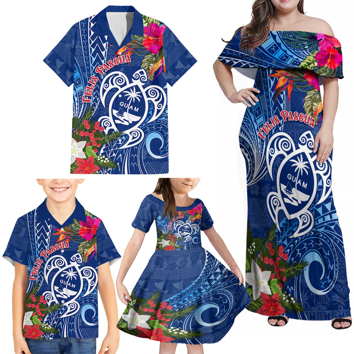 Guam Christmas Family Matching Off Shoulder Maxi Dress and Hawaiian Shirt Turtle Mix Tapa Felis Pasgua LT7 - Polynesian Pride