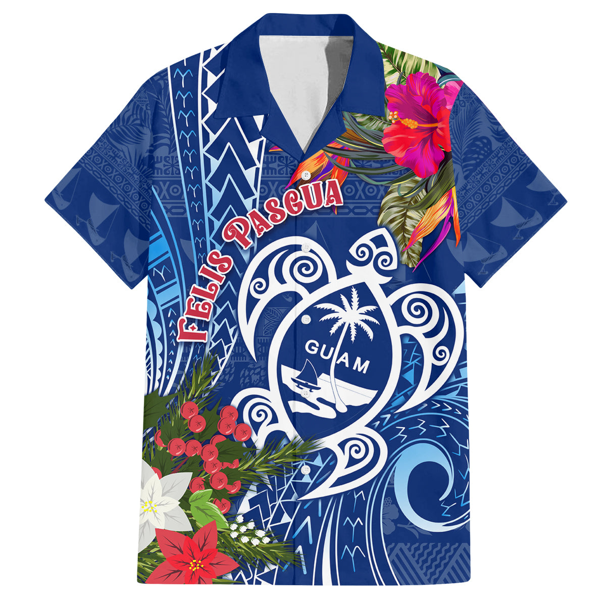 Guam Christmas Family Matching Puletasi Dress and Hawaiian Shirt Turtle Mix Tapa Felis Pasgua LT7 Dad's Shirt - Short Sleeve Blue - Polynesian Pride