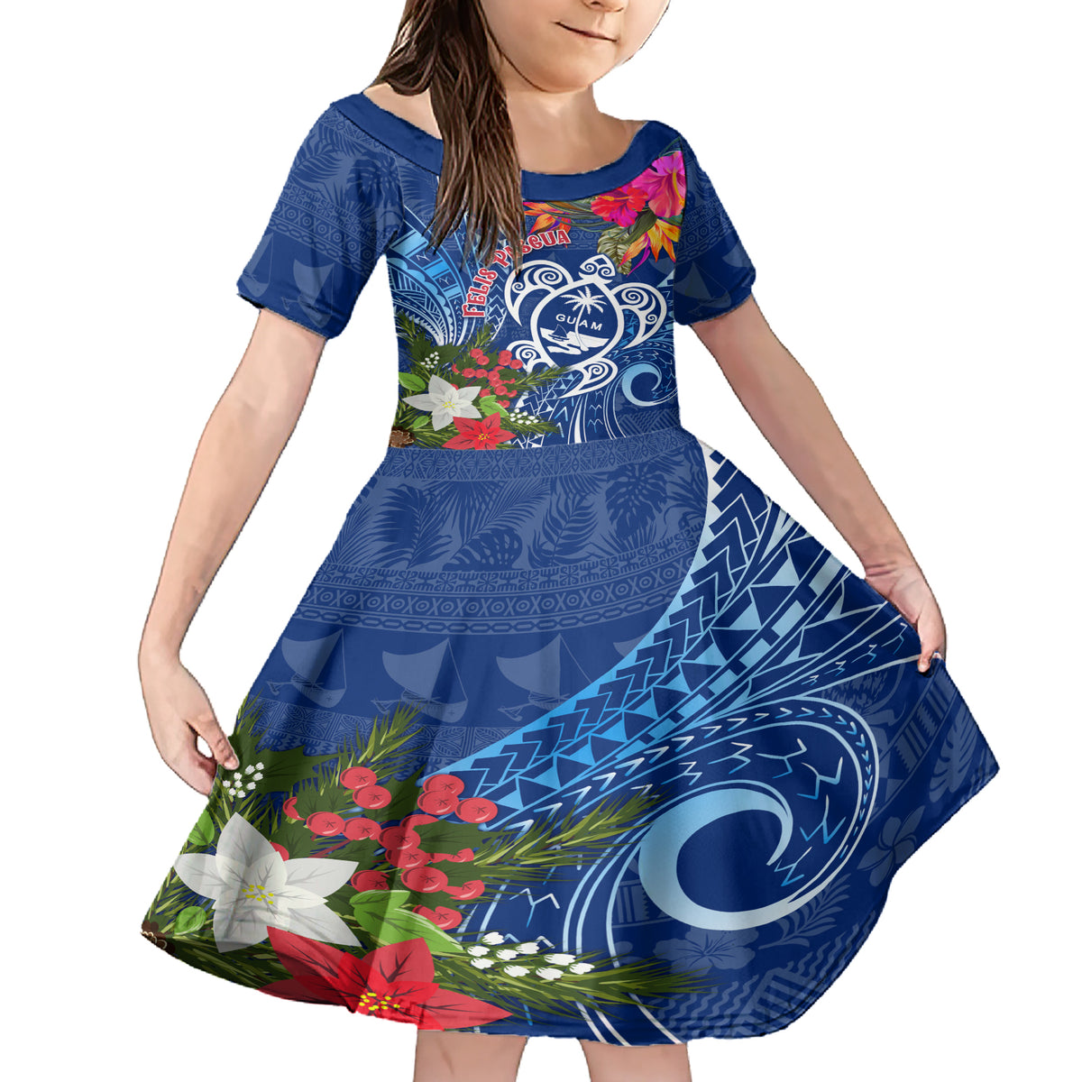 Guam Christmas Family Matching Short Sleeve Bodycon Dress and Hawaiian Shirt Turtle Mix Tapa Felis Pasgua LT7 Daughter's Dress Blue - Polynesian Pride