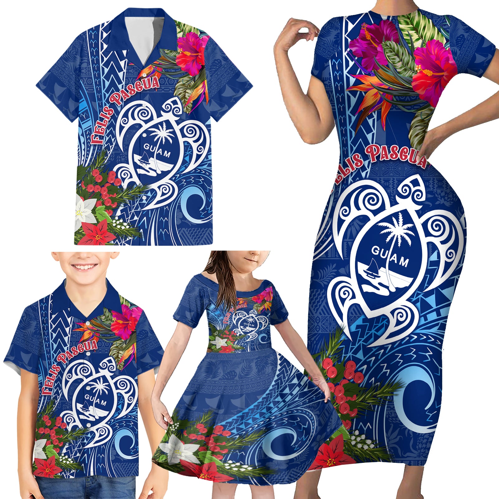 Guam Christmas Family Matching Short Sleeve Bodycon Dress and Hawaiian Shirt Turtle Mix Tapa Felis Pasgua LT7 - Polynesian Pride