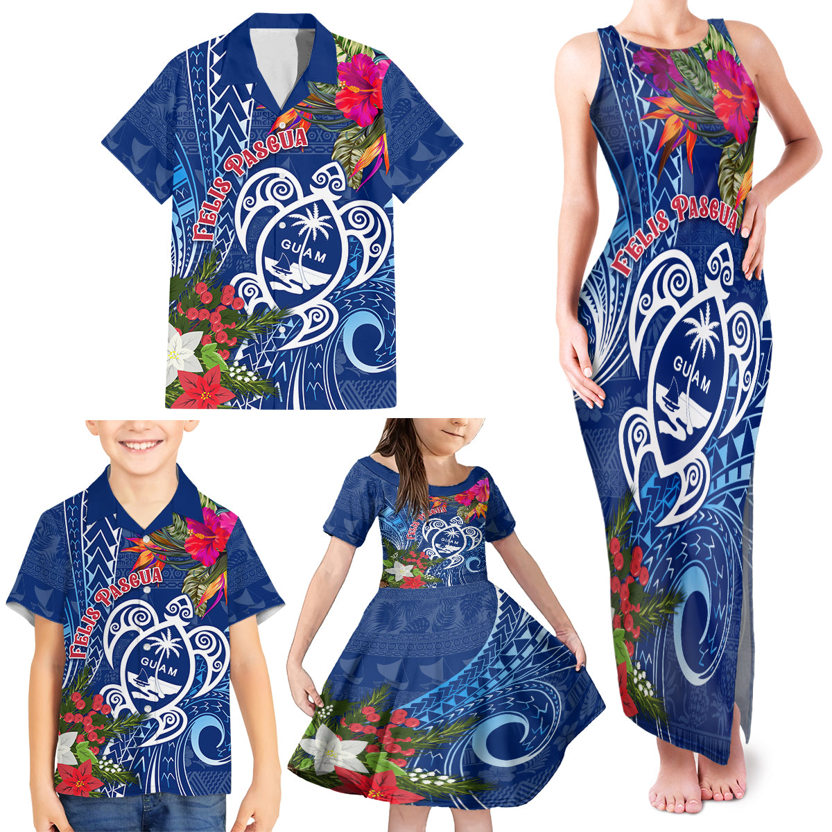 Guam Christmas Family Matching Tank Maxi Dress and Hawaiian Shirt Turtle Mix Tapa Felis Pasgua LT7 - Polynesian Pride