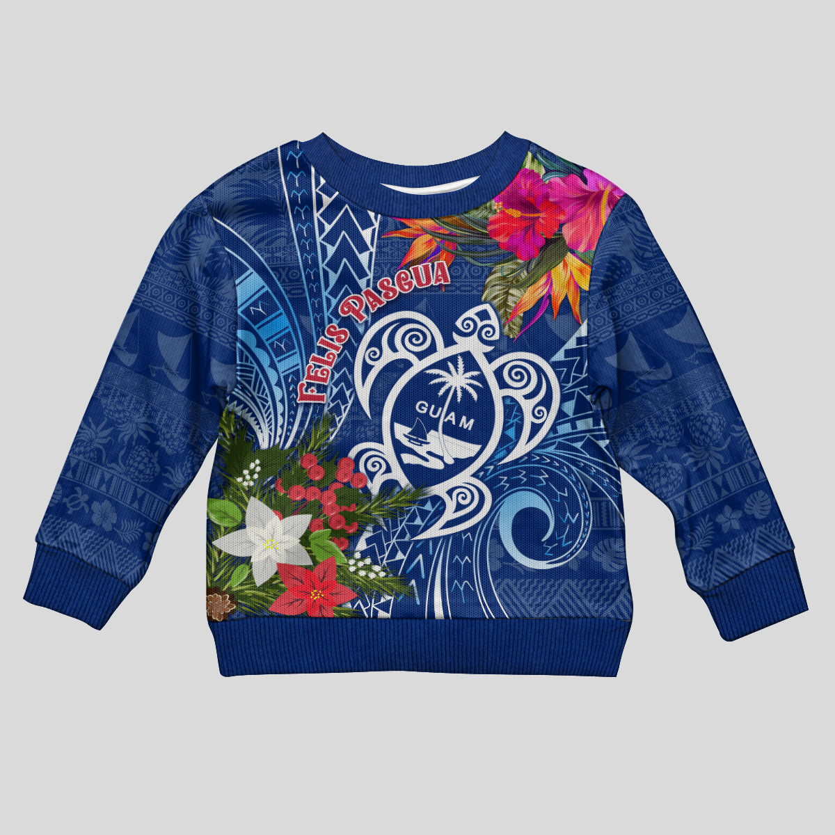 Guam Christmas Kid Ugly Christmas Sweater Turtle Mix Tapa Felis Pasgua LT7 Kid Blue - Polynesian Pride
