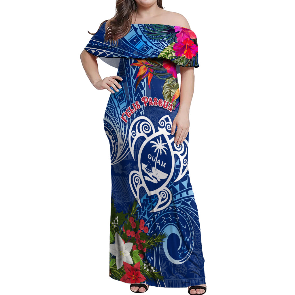 Guam Christmas Off Shoulder Maxi Dress Turtle Mix Tapa Felis Pasgua LT7 Women Blue - Polynesian Pride