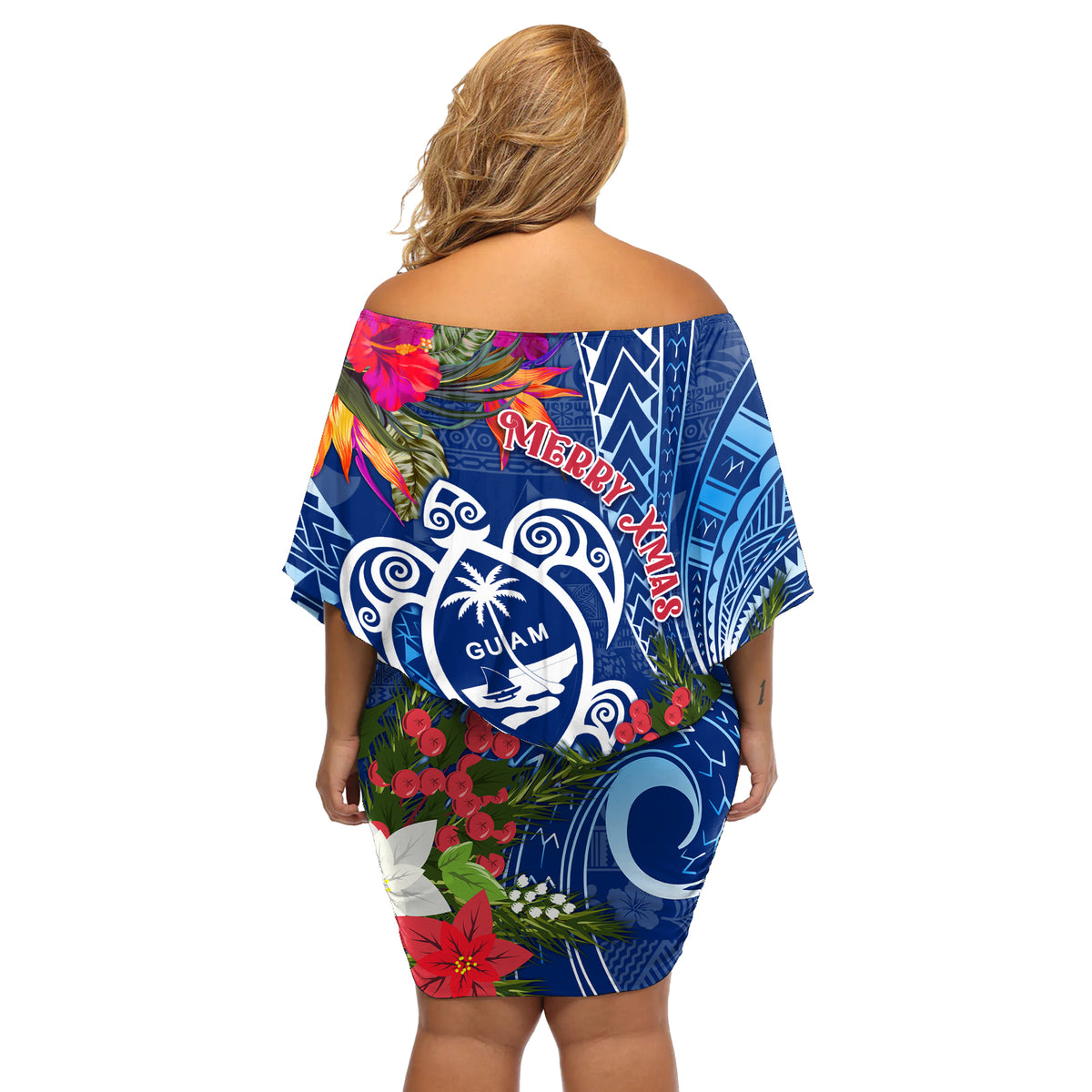 Guam Christmas Off Shoulder Short Dress Turtle Mix Tapa Felis Pasgua LT7 - Polynesian Pride