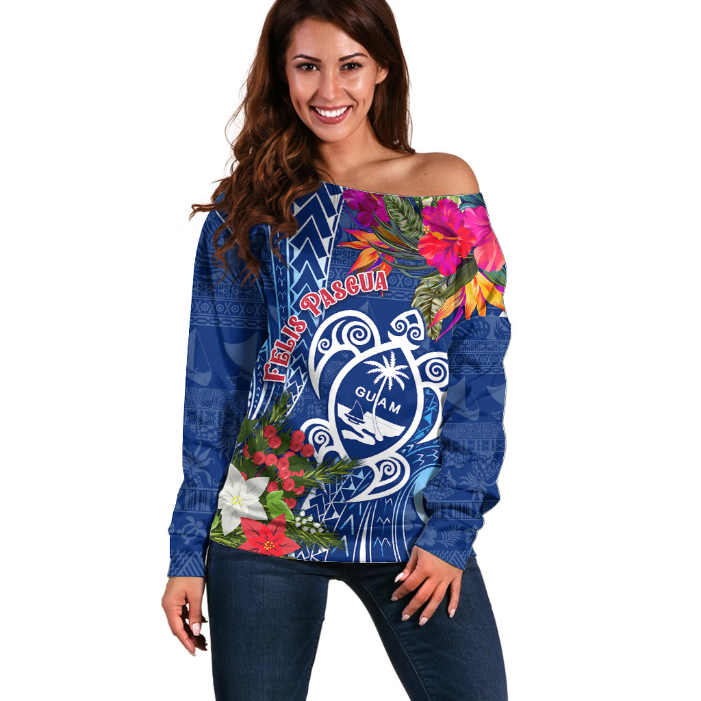 Guam Christmas Off Shoulder Sweater Turtle Mix Tapa Felis Pasgua LT7 Women Blue - Polynesian Pride