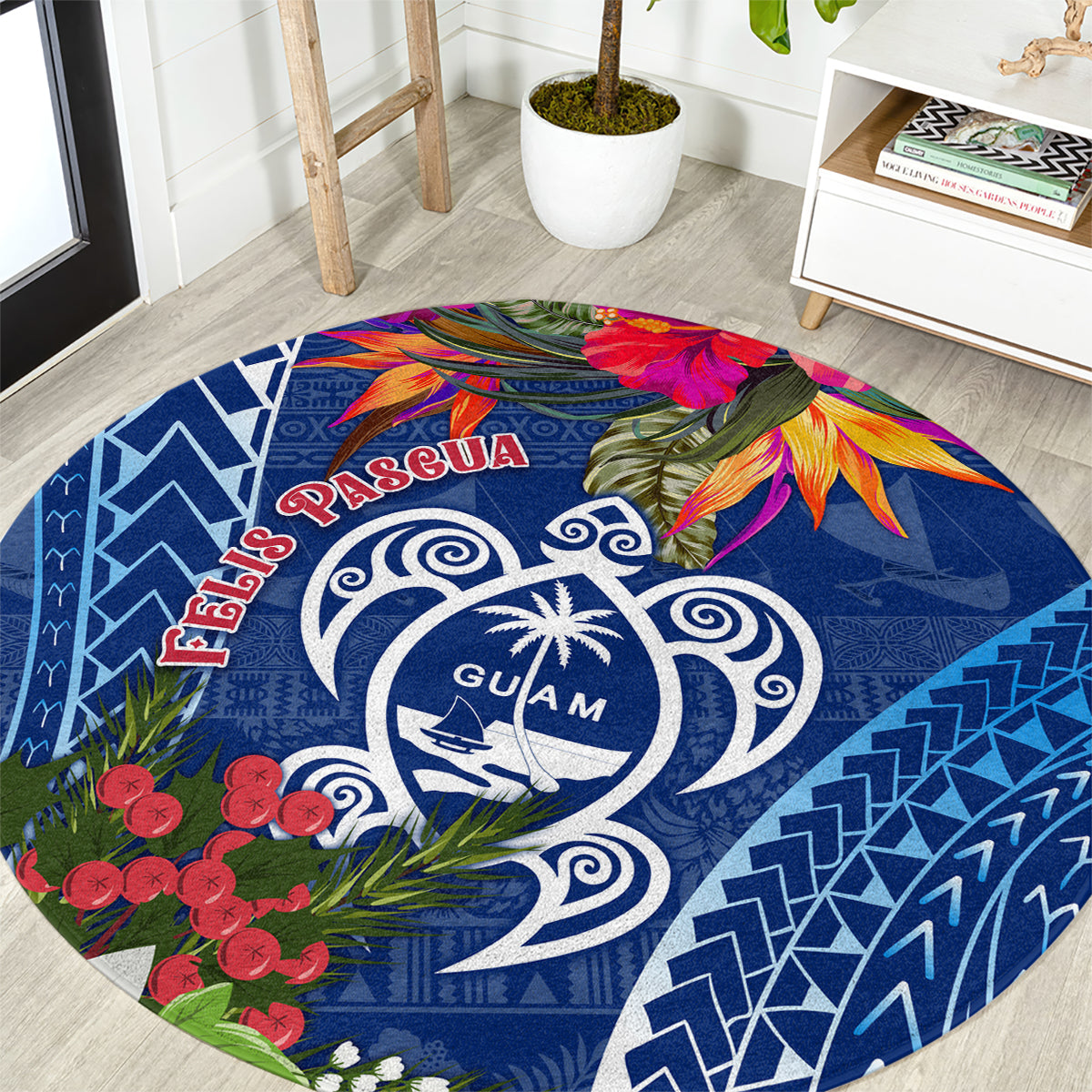 Guam Christmas Round Carpet Turtle Mix Tapa Felis Pasgua LT7 Blue - Polynesian Pride