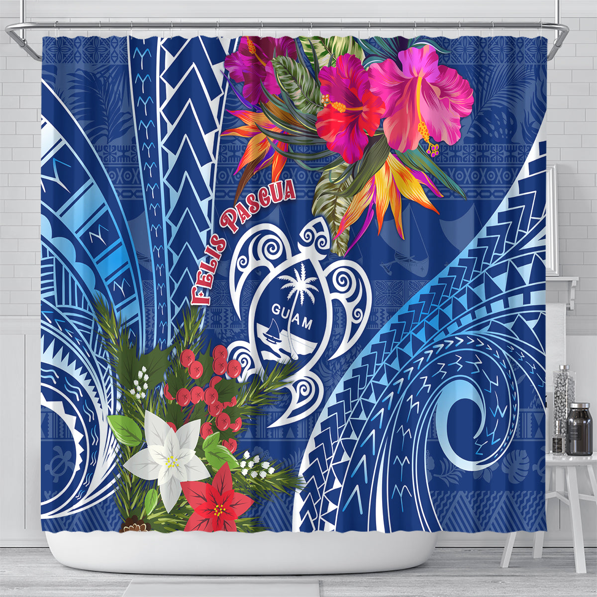 Guam Christmas Shower Curtain Turtle Mix Tapa Felis Pasgua LT7 - Polynesian Pride