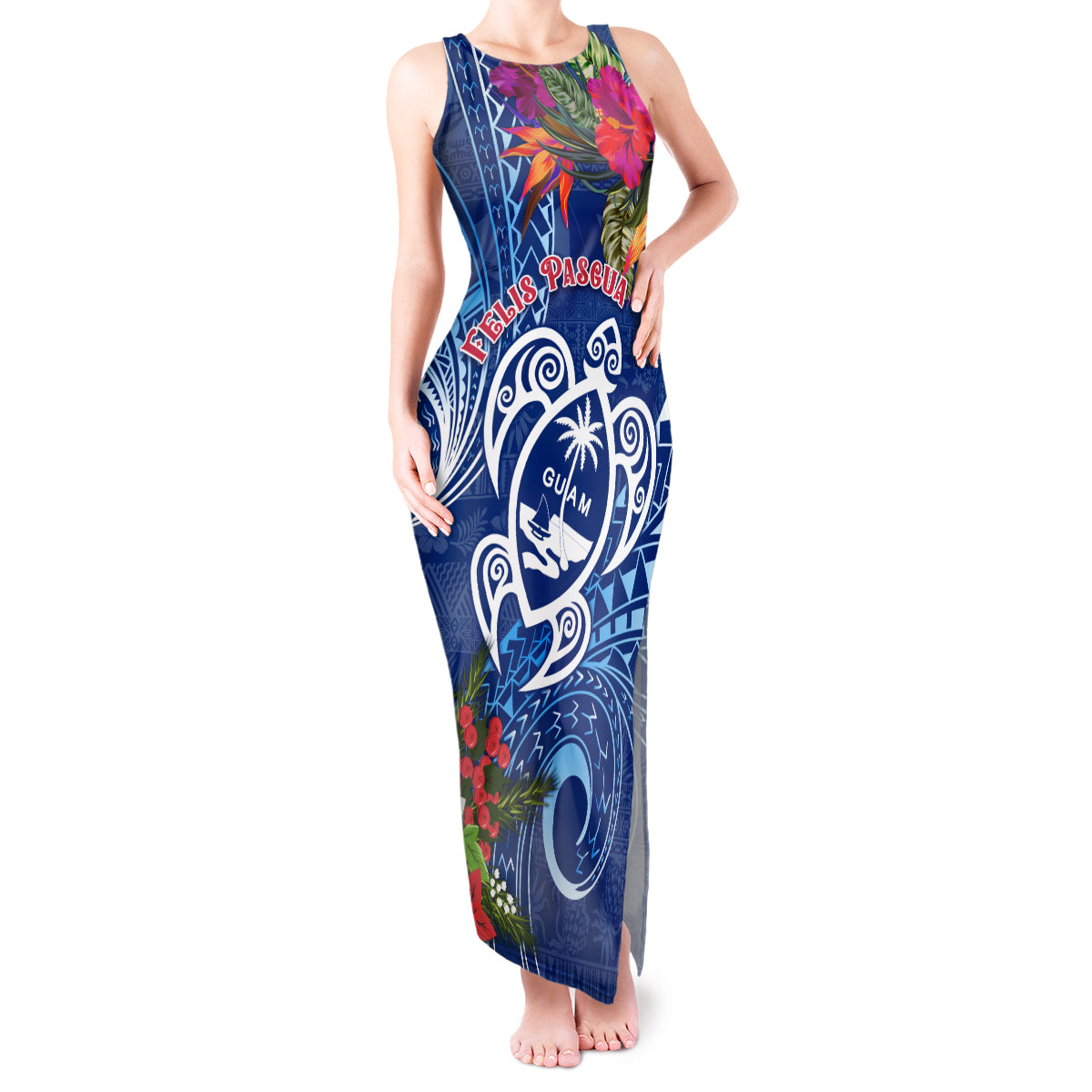 Guam Christmas Tank Maxi Dress Turtle Mix Tapa Felis Pasgua LT7 Women Blue - Polynesian Pride