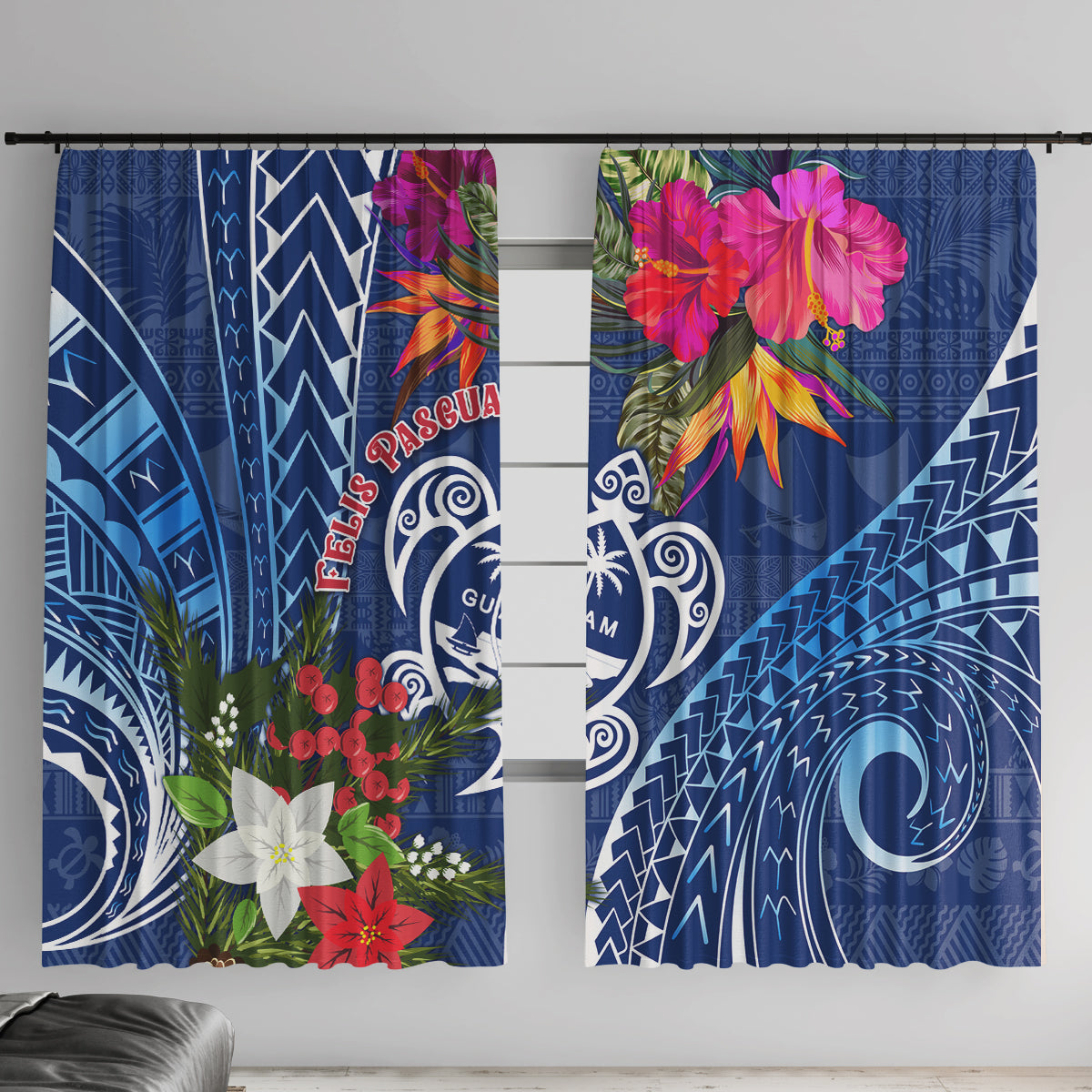 Guam Christmas Window Curtain Turtle Mix Tapa Felis Pasgua LT7 With Hooks Blue - Polynesian Pride