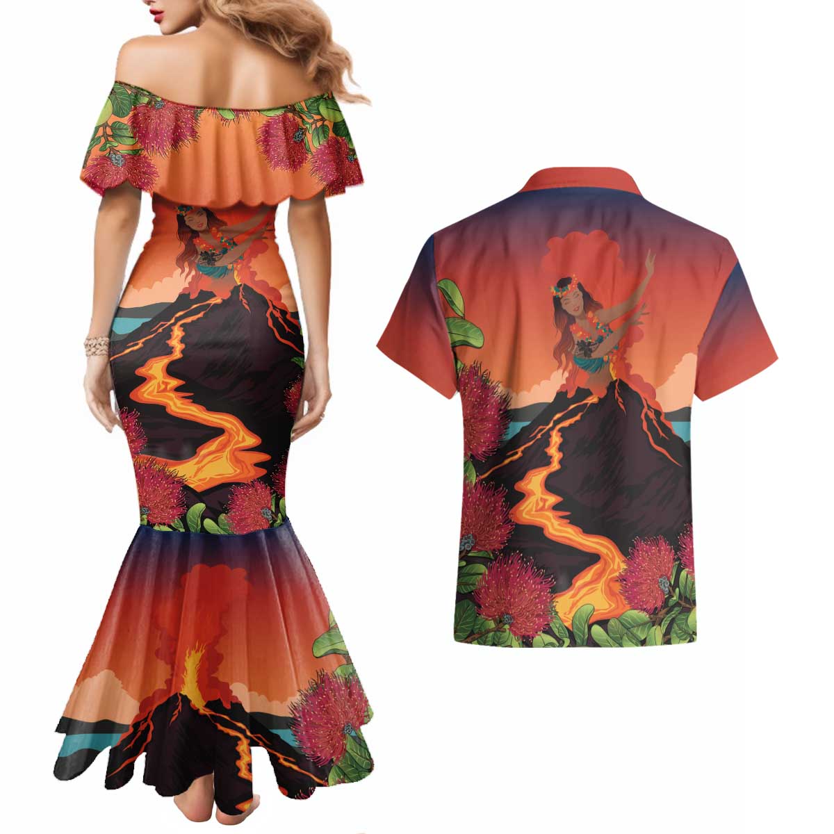 Hawaii Kilauea Volcano Couples Matching Mermaid Dress and Hawaiian Shirt Pele Goddess