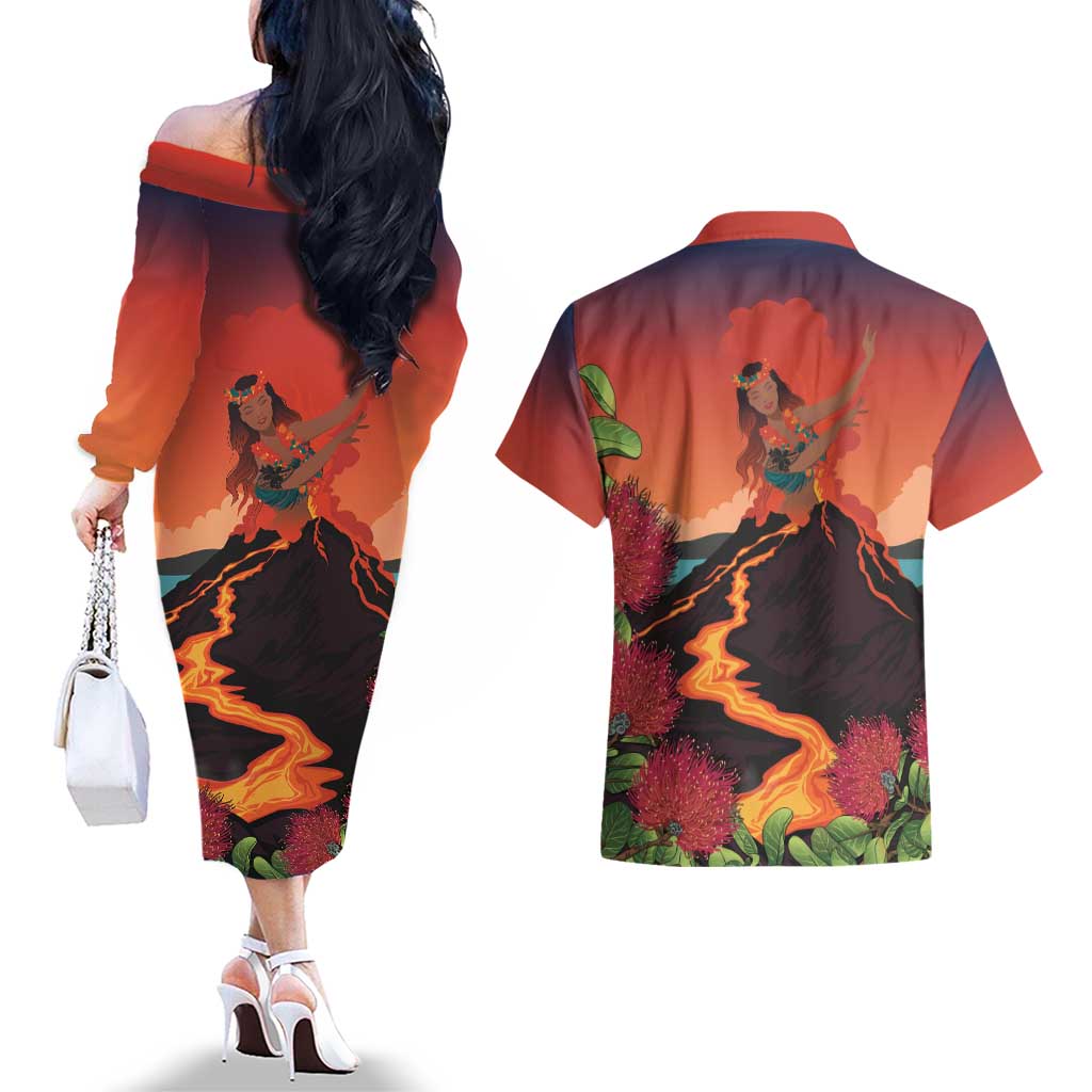 Hawaii Kilauea Volcano Couples Matching Off The Shoulder Long Sleeve Dress and Hawaiian Shirt Pele Goddess