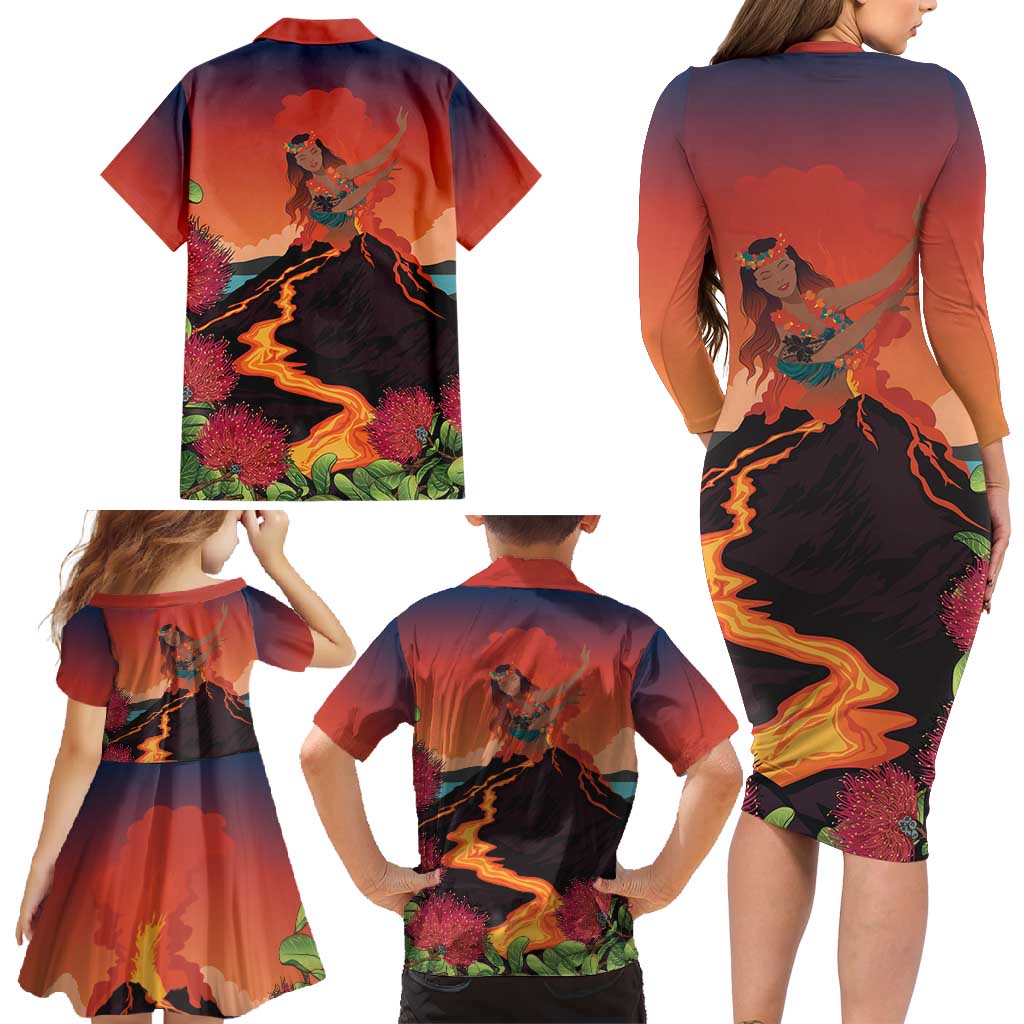 Hawaii Kilauea Volcano Family Matching Long Sleeve Bodycon Dress and Hawaiian Shirt Pele Goddess