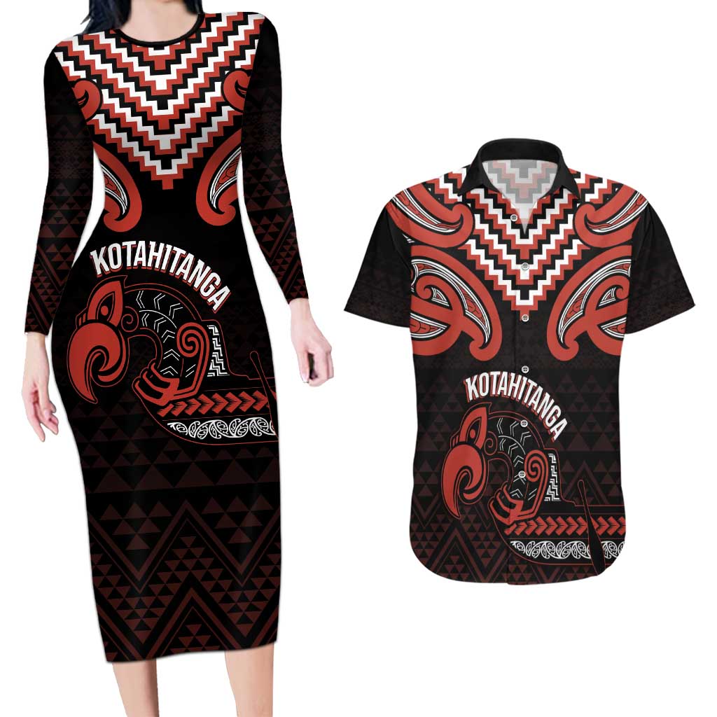 Maori Waitangi Couples Matching Long Sleeve Bodycon Dress and Hawaiian Shirt Kotahitanga Poutama Mix Whakairo - Polynesian Pride