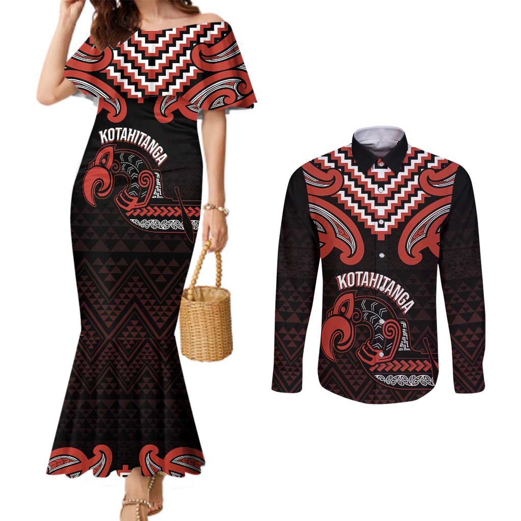 Maori Waitangi Couples Matching Mermaid Dress and Long Sleeve Button Shirt Kotahitanga Poutama Mix Whakairo - Polynesian Pride
