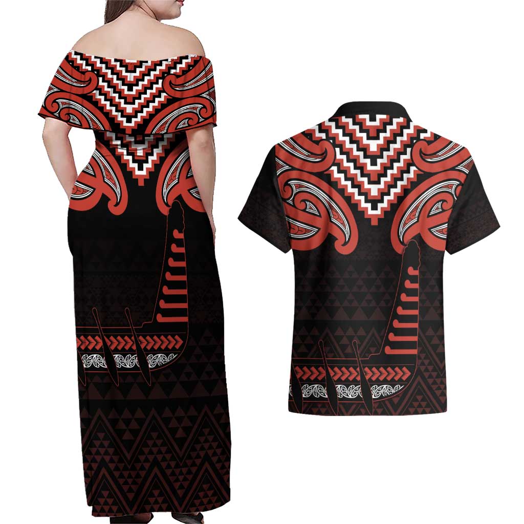 Maori Waitangi Couples Matching Off Shoulder Maxi Dress and Hawaiian Shirt Kotahitanga Poutama Mix Whakairo - Polynesian Pride