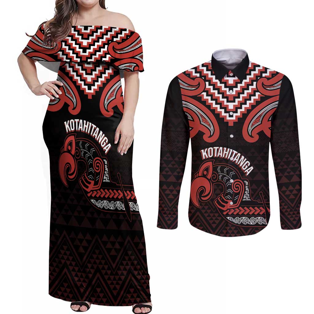 Maori Waitangi Couples Matching Off Shoulder Maxi Dress and Long Sleeve Button Shirt Kotahitanga Poutama Mix Whakairo - Polynesian Pride