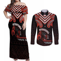 Maori Waitangi Couples Matching Off Shoulder Maxi Dress and Long Sleeve Button Shirt Kotahitanga Poutama Mix Whakairo - Polynesian Pride