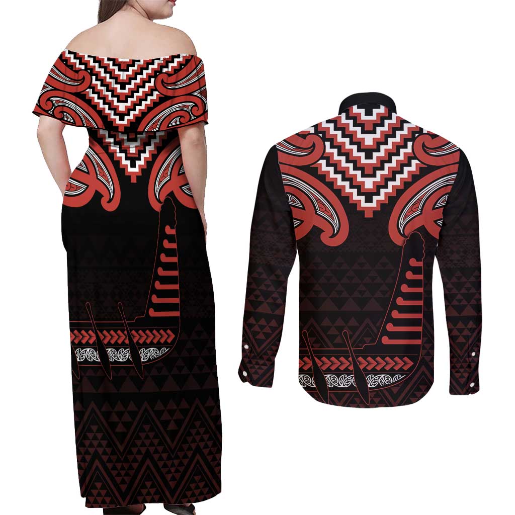 Maori Waitangi Couples Matching Off Shoulder Maxi Dress and Long Sleeve Button Shirt Kotahitanga Poutama Mix Whakairo - Polynesian Pride