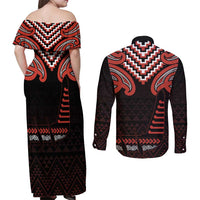 Maori Waitangi Couples Matching Off Shoulder Maxi Dress and Long Sleeve Button Shirt Kotahitanga Poutama Mix Whakairo - Polynesian Pride