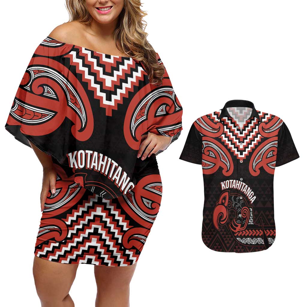 Maori Waitangi Couples Matching Off Shoulder Short Dress and Hawaiian Shirt Kotahitanga Poutama Mix Whakairo - Polynesian Pride