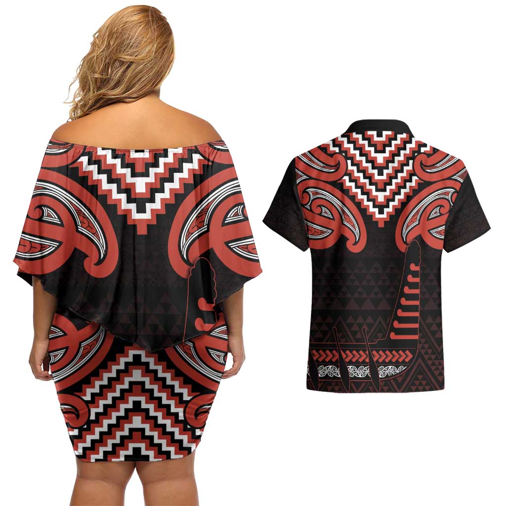 Maori Waitangi Couples Matching Off Shoulder Short Dress and Hawaiian Shirt Kotahitanga Poutama Mix Whakairo - Polynesian Pride