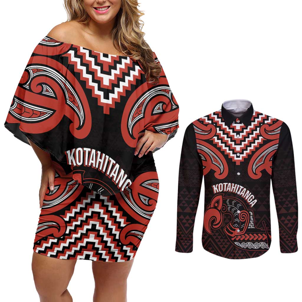 Maori Waitangi Couples Matching Off Shoulder Short Dress and Long Sleeve Button Shirt Kotahitanga Poutama Mix Whakairo - Polynesian Pride