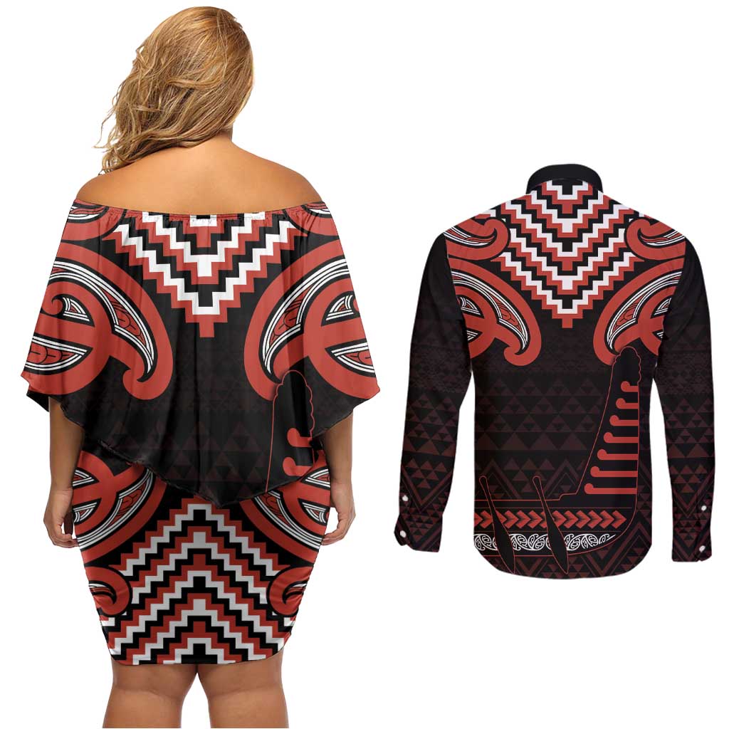 Maori Waitangi Couples Matching Off Shoulder Short Dress and Long Sleeve Button Shirt Kotahitanga Poutama Mix Whakairo - Polynesian Pride