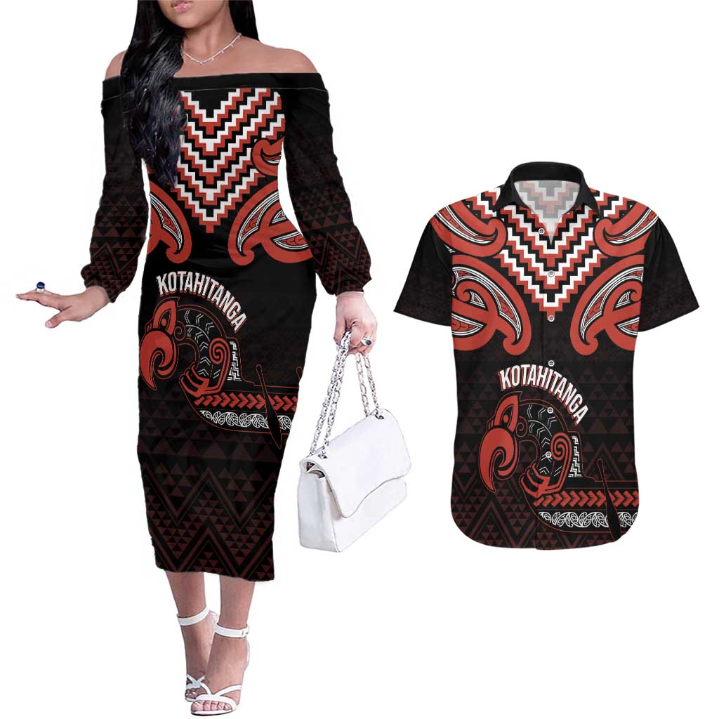 Maori Waitangi Couples Matching Off The Shoulder Long Sleeve Dress and Hawaiian Shirt Kotahitanga Poutama Mix Whakairo - Polynesian Pride