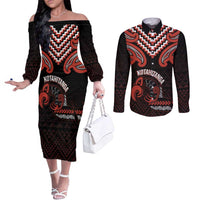 Maori Waitangi Couples Matching Off The Shoulder Long Sleeve Dress and Long Sleeve Button Shirt Kotahitanga Poutama Mix Whakairo - Polynesian Pride