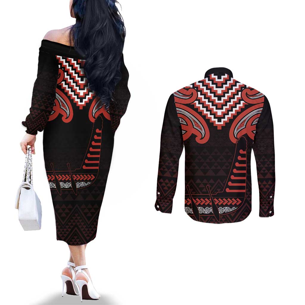 Maori Waitangi Couples Matching Off The Shoulder Long Sleeve Dress and Long Sleeve Button Shirt Kotahitanga Poutama Mix Whakairo - Polynesian Pride