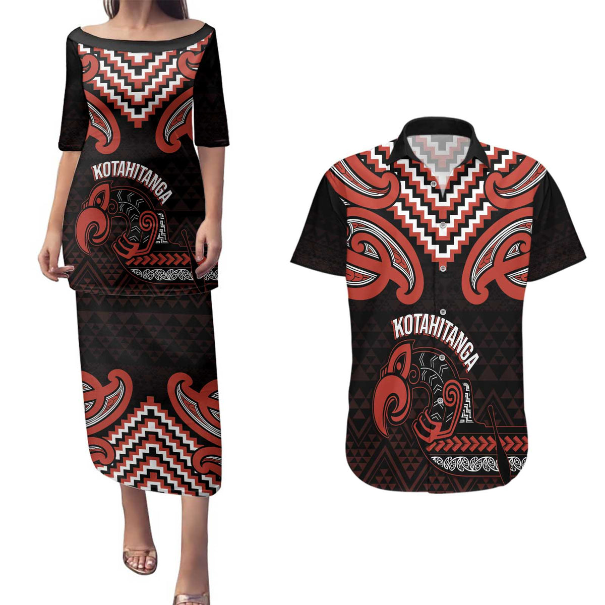 Maori Waitangi Couples Matching Puletasi and Hawaiian Shirt Kotahitanga Poutama Mix Whakairo - Polynesian Pride