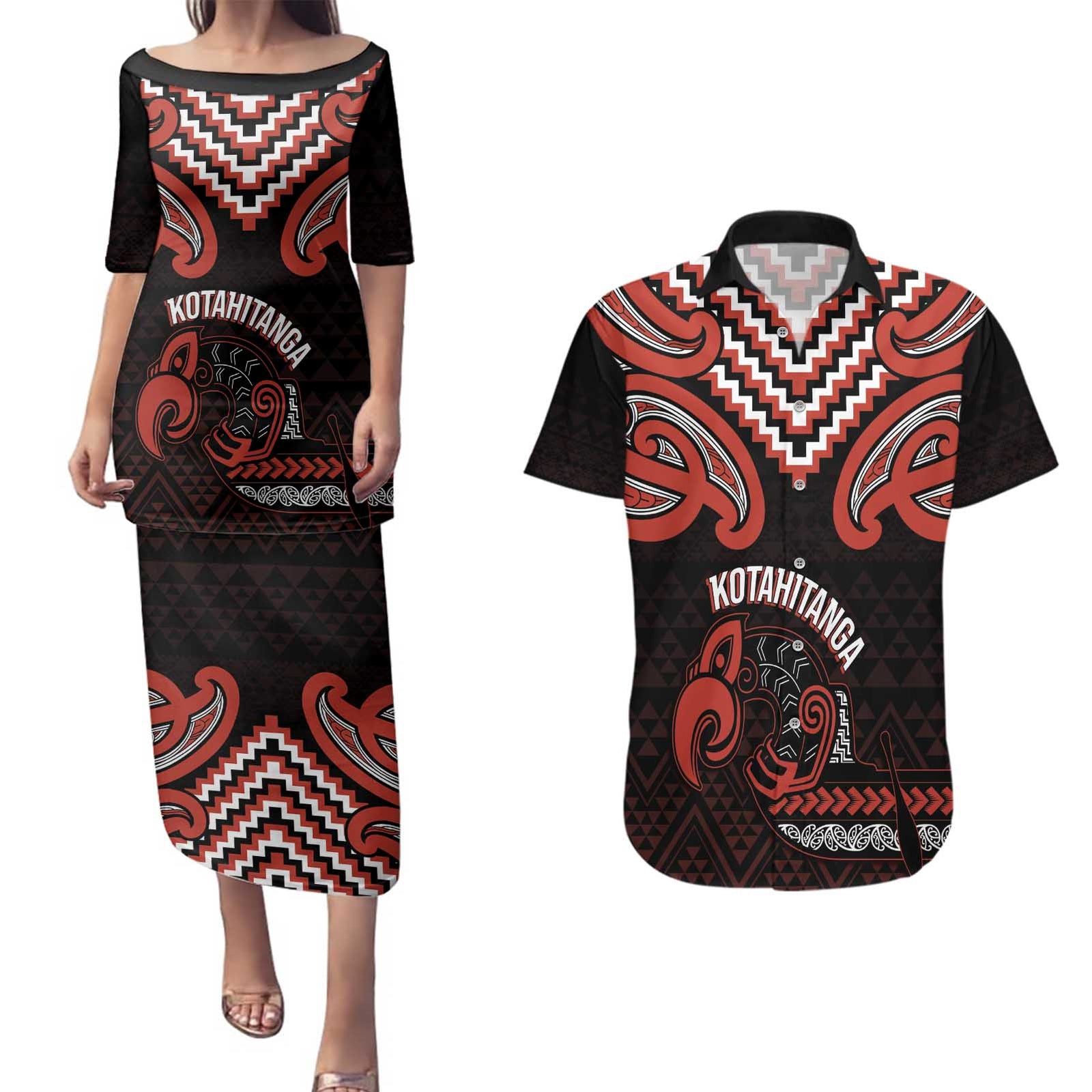 Maori Waitangi Couples Matching Puletasi and Hawaiian Shirt Kotahitanga Poutama Mix Whakairo - Polynesian Pride