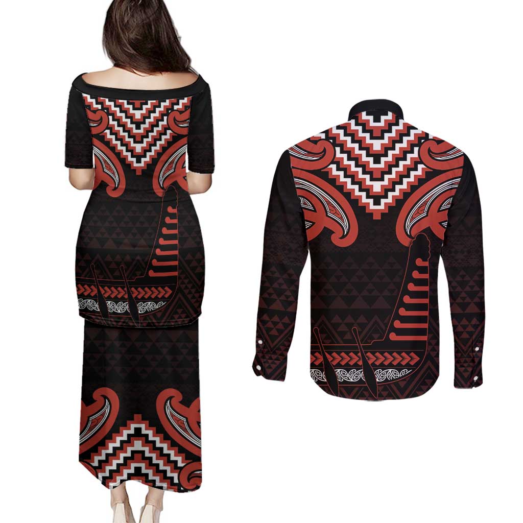 Maori Waitangi Couples Matching Puletasi and Long Sleeve Button Shirt Kotahitanga Poutama Mix Whakairo - Polynesian Pride