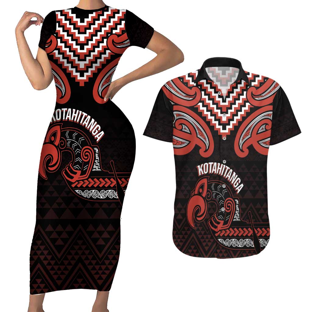 Maori Waitangi Couples Matching Short Sleeve Bodycon Dress and Hawaiian Shirt Kotahitanga Poutama Mix Whakairo - Polynesian Pride