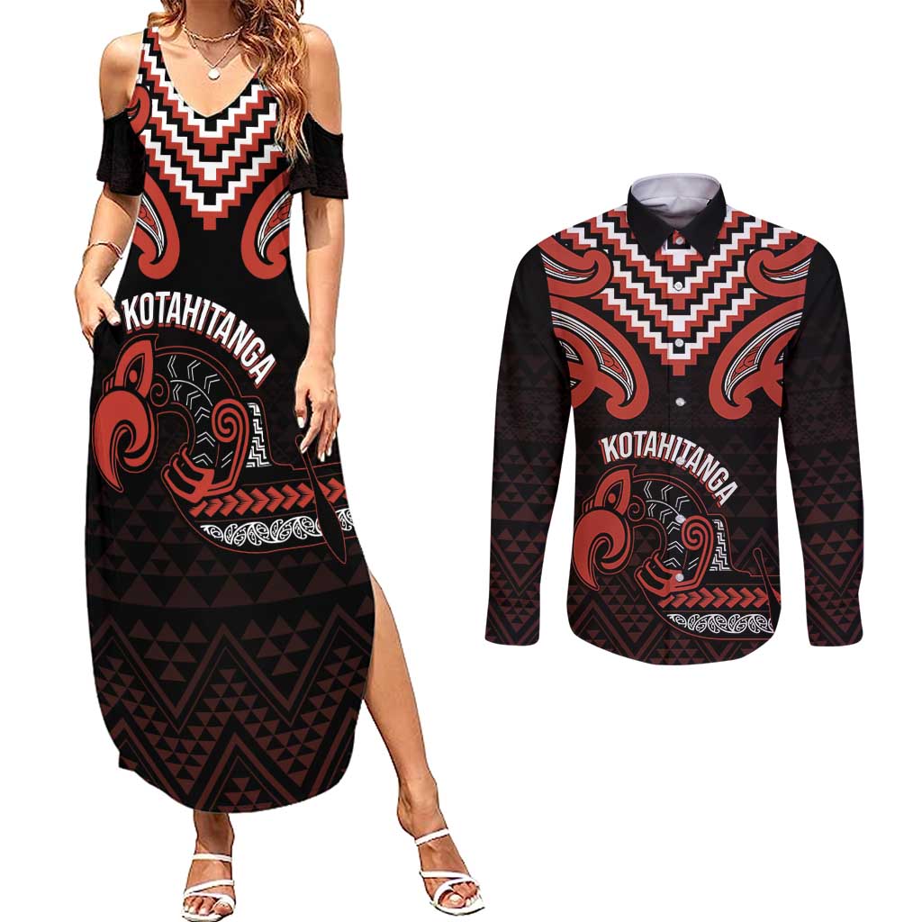 Maori Waitangi Couples Matching Summer Maxi Dress and Long Sleeve Button Shirt Kotahitanga Poutama Mix Whakairo - Polynesian Pride