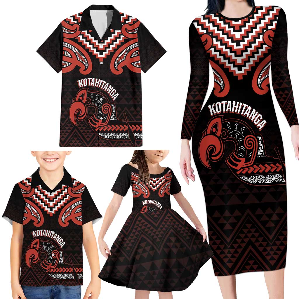 Maori Waitangi Family Matching Long Sleeve Bodycon Dress and Hawaiian Shirt Kotahitanga Poutama Mix Whakairo - Polynesian Pride