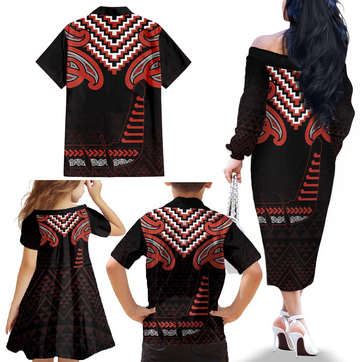 Maori Waitangi Family Matching Off The Shoulder Long Sleeve Dress and Hawaiian Shirt Kotahitanga Poutama Mix Whakairo - Polynesian Pride
