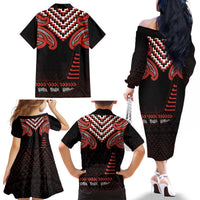 Maori Waitangi Family Matching Off The Shoulder Long Sleeve Dress and Hawaiian Shirt Kotahitanga Poutama Mix Whakairo - Polynesian Pride