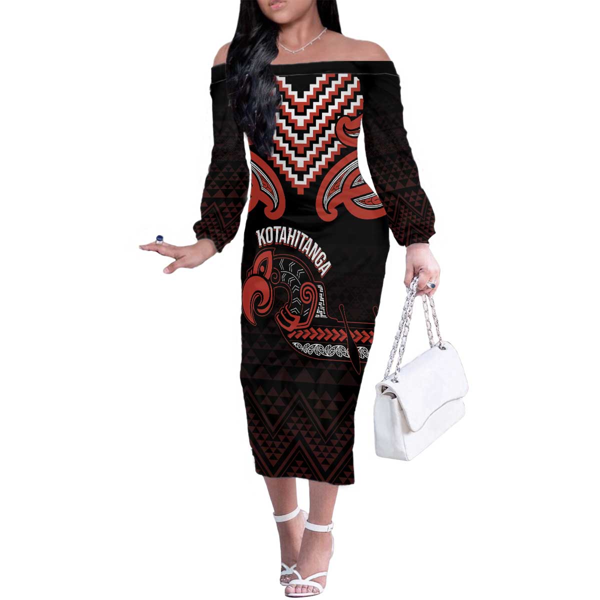 Maori Waitangi Family Matching Off The Shoulder Long Sleeve Dress and Hawaiian Shirt Kotahitanga Poutama Mix Whakairo - Polynesian Pride