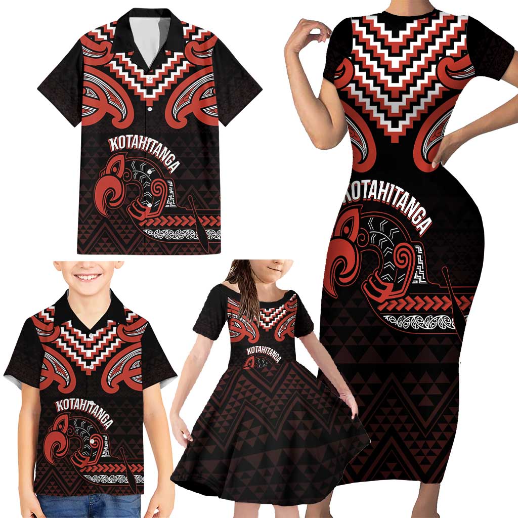 Maori Waitangi Family Matching Short Sleeve Bodycon Dress and Hawaiian Shirt Kotahitanga Poutama Mix Whakairo - Polynesian Pride