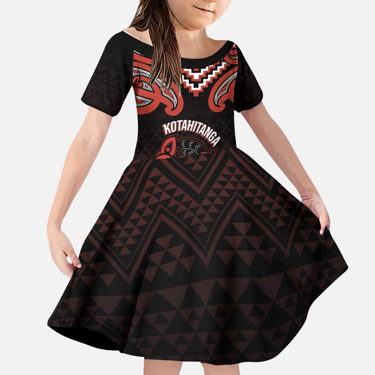 Maori Waitangi Kid Short Sleeve Dress Kotahitanga Poutama Mix Whakairo - Polynesian Pride