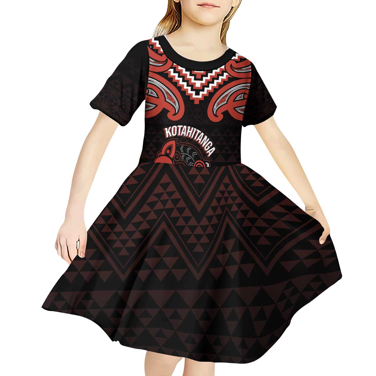 Maori Waitangi Kid Short Sleeve Dress Kotahitanga Poutama Mix Whakairo - Polynesian Pride