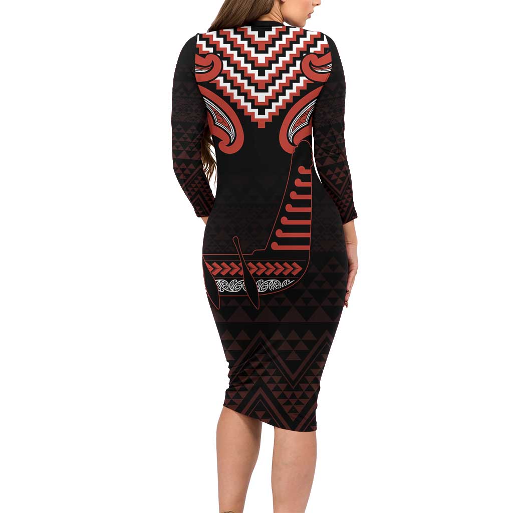 Maori Waitangi Long Sleeve Bodycon Dress Kotahitanga Poutama Mix Whakairo - Polynesian Pride