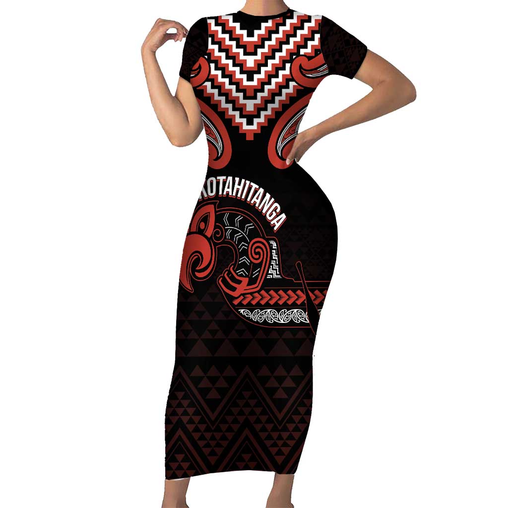 Maori Waitangi Short Sleeve Bodycon Dress Kotahitanga Poutama Mix Whakairo - Polynesian Pride