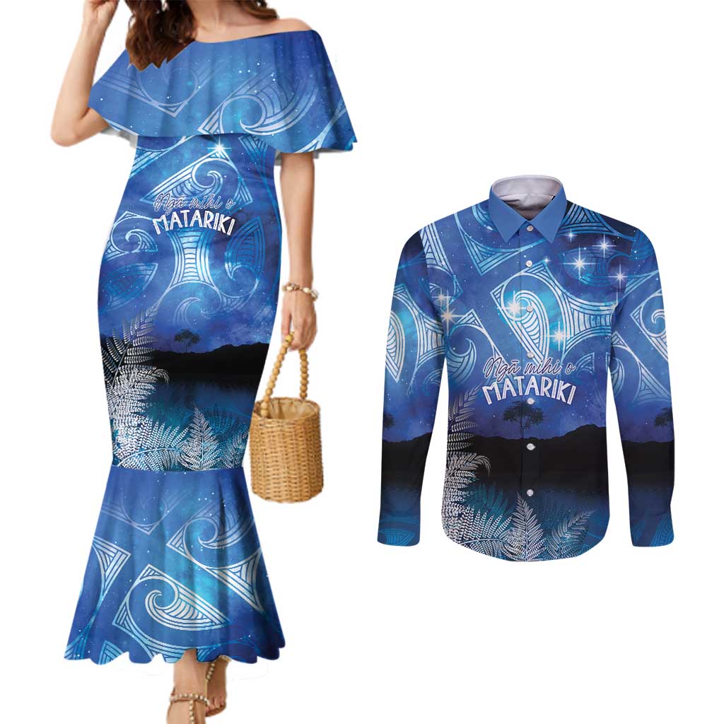 NZ Maori Matariki Scenery Couples Matching Mermaid Dress and Long Sleeve Button Shirt Galaxy Sky LT7 Galaxy - Polynesian Pride