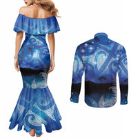 NZ Maori Matariki Scenery Couples Matching Mermaid Dress and Long Sleeve Button Shirt Galaxy Sky LT7 - Polynesian Pride