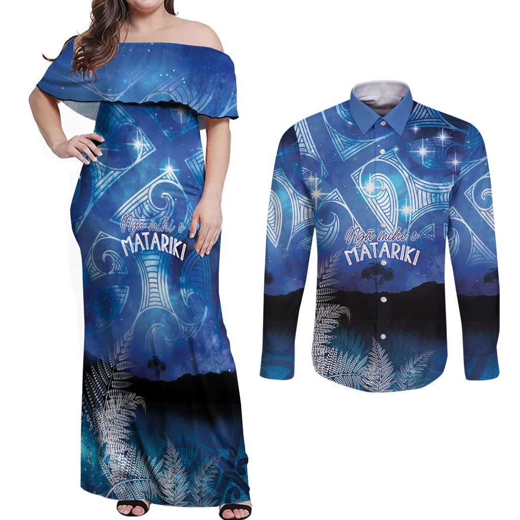 NZ Maori Matariki Scenery Couples Matching Off Shoulder Maxi Dress and Long Sleeve Button Shirt Galaxy Sky LT7 Galaxy - Polynesian Pride