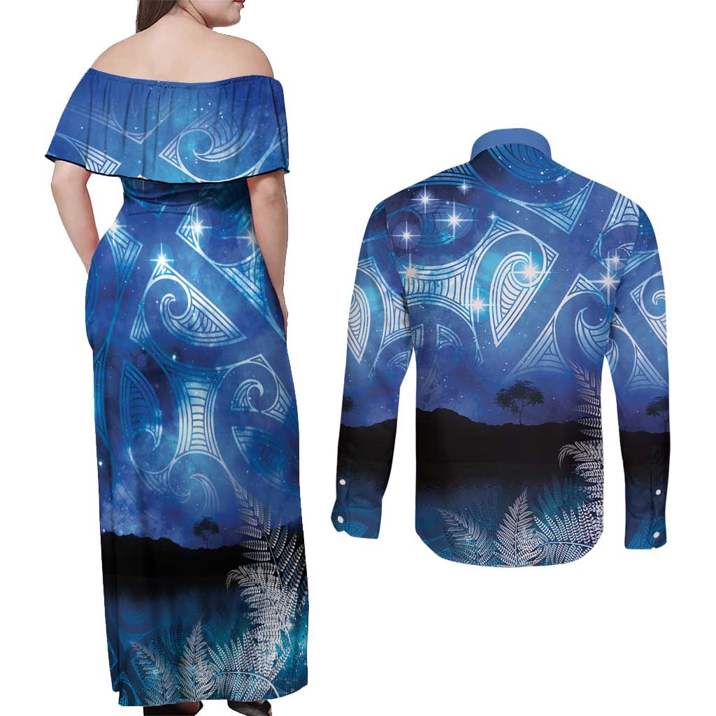 NZ Maori Matariki Scenery Couples Matching Off Shoulder Maxi Dress and Long Sleeve Button Shirt Galaxy Sky LT7 - Polynesian Pride